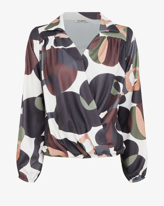 70s Print Wrap Neck Ball Top