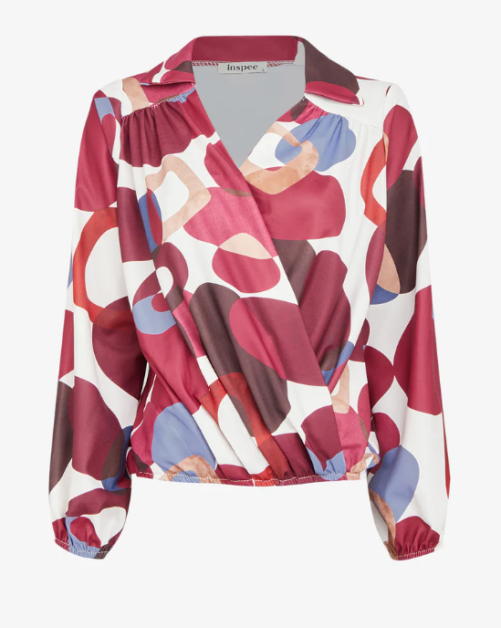 70s Print Wrap Neck Ball Top