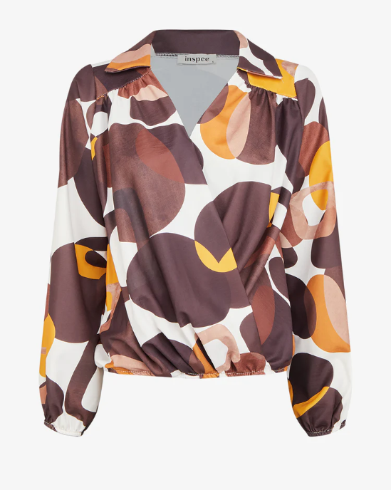 70s Print Wrap Neck Ball Top