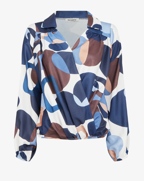 70s Print Wrap Neck Ball Top